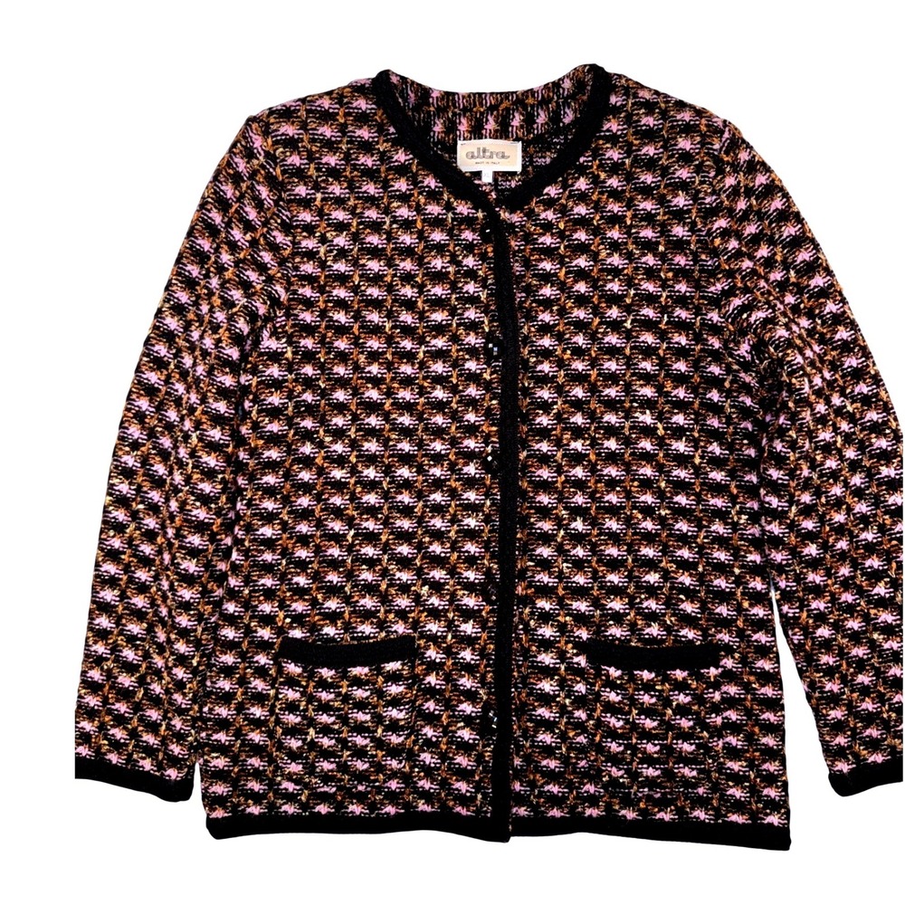 Altra Made in Italy Women XL Black Pink Virgin‎ Wool Blend Button Knit Cardigan